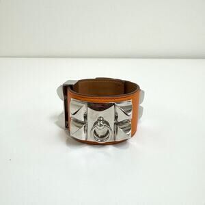 HERMES Collier De Chien Orange Leather Silver Bracelet Thick Studded Jewelry